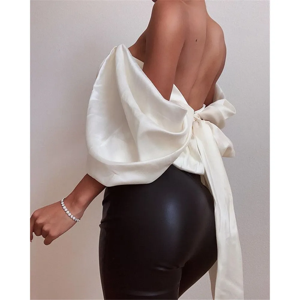 Satin Deep V Off Shoulder Backless Women Crop Top