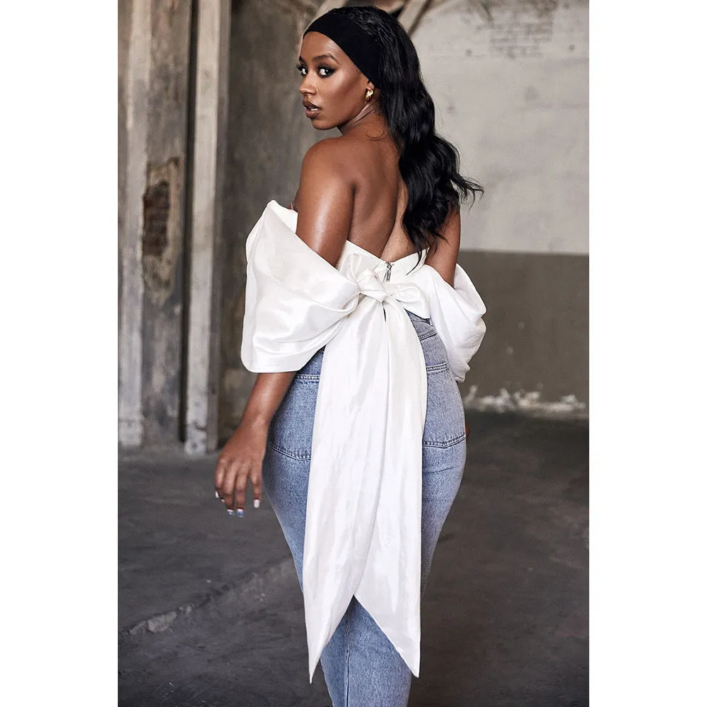 Satin Deep V Off Shoulder Backless Women Crop Top