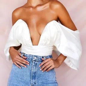 Satin Deep V Off Shoulder Backless Women Crop Top