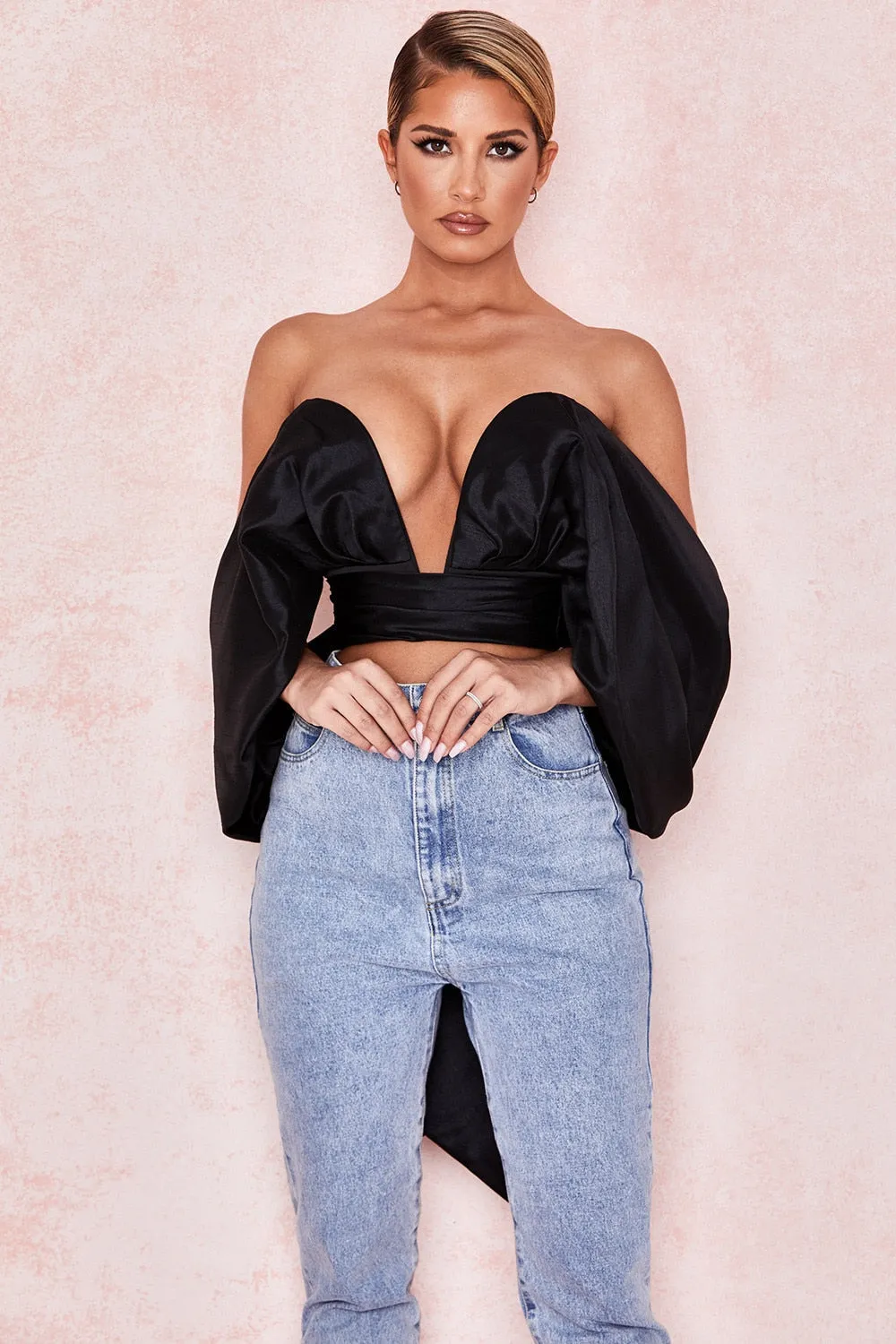 Satin Deep V Off Shoulder Backless Women Crop Top