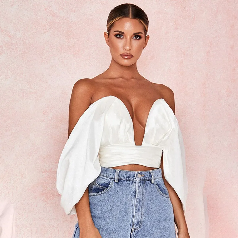 Satin Deep V Off Shoulder Backless Women Crop Top