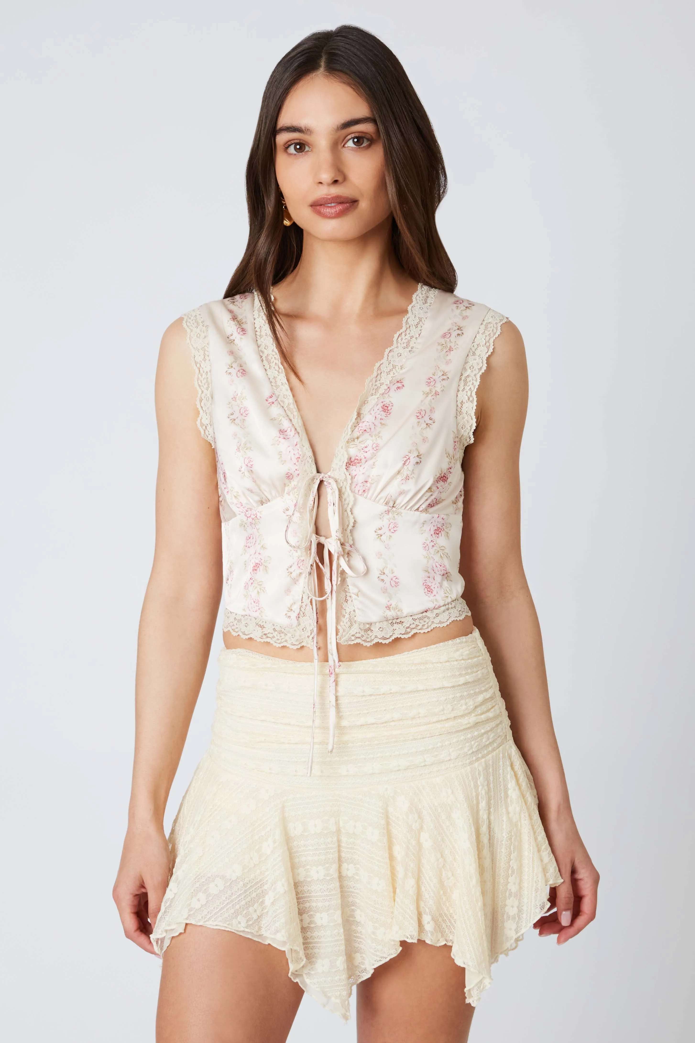 Satin Floral Print Tie Up Top