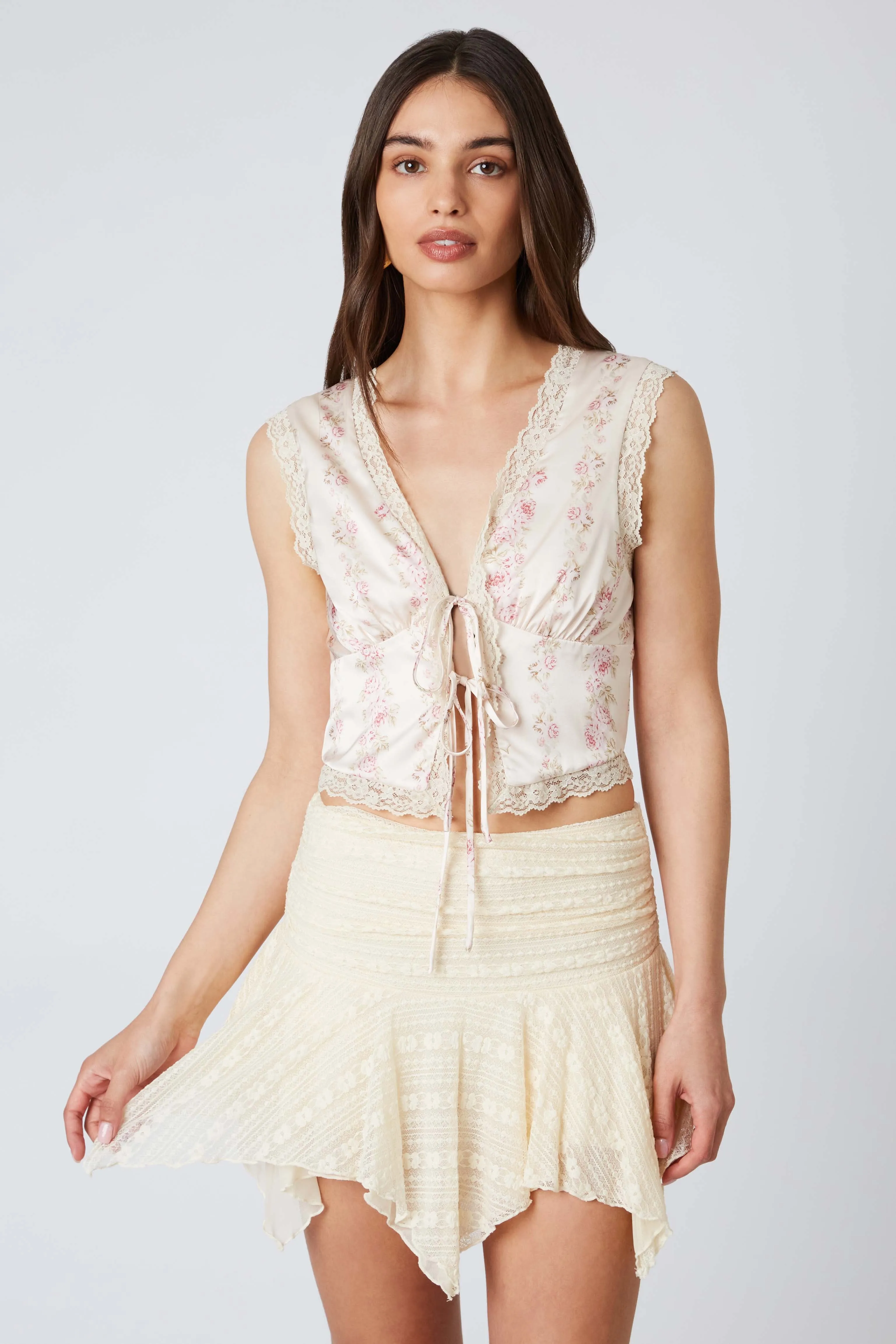Satin Floral Print Tie Up Top