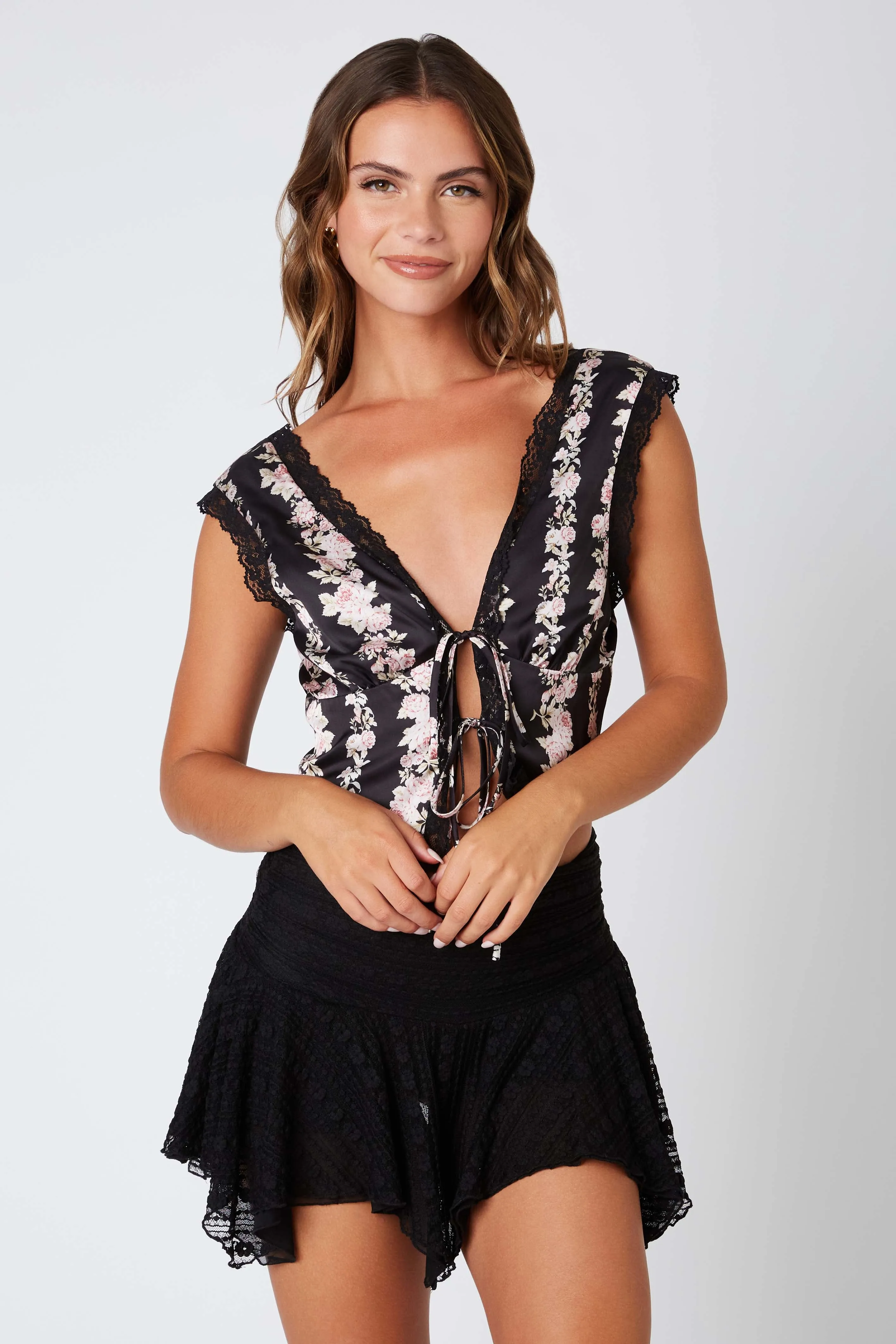 Satin Floral Print Tie Up Top