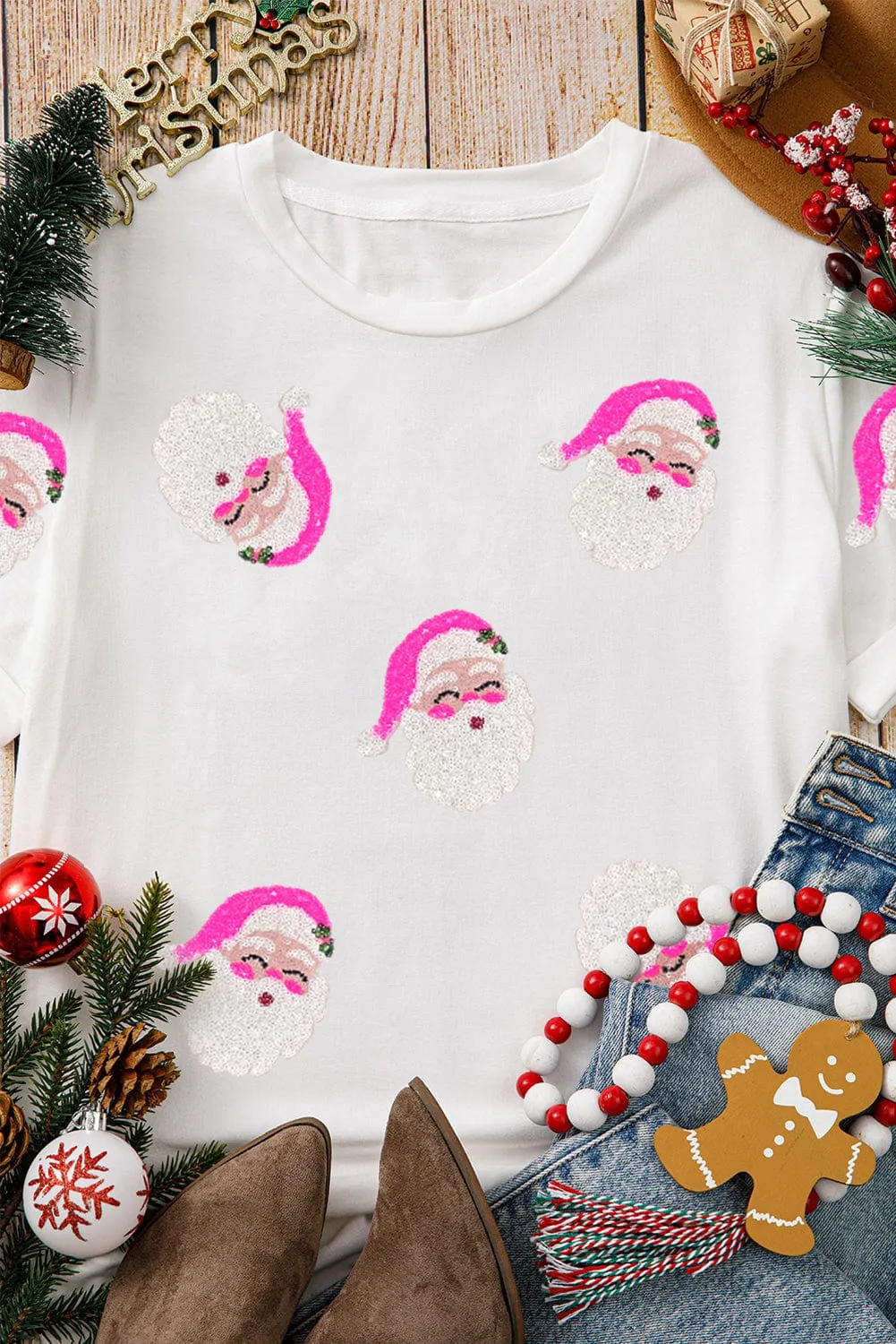 Sequin Santa Tee - Pink