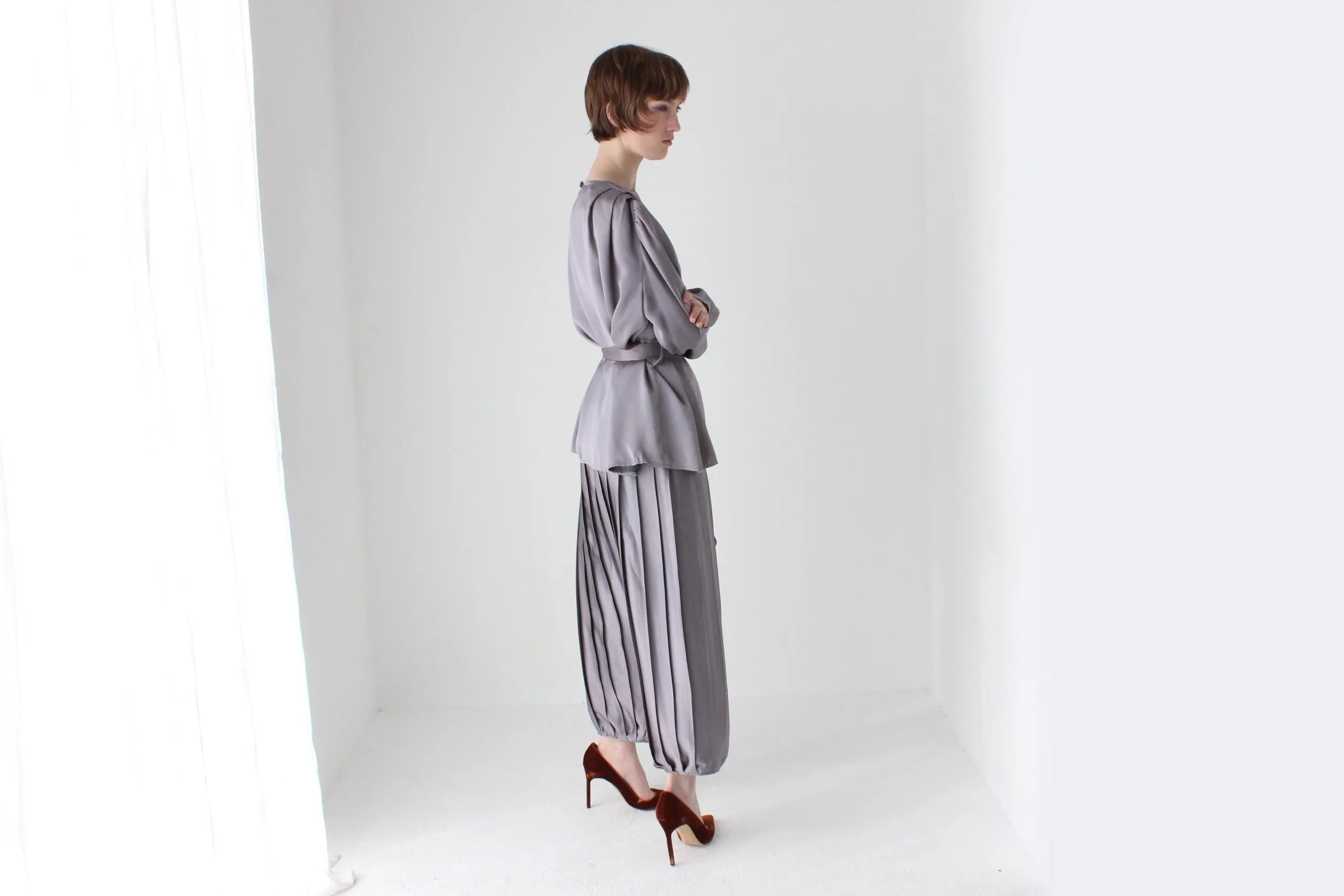 Singular 80s Silver Satin TWO PIECE Balloon / Bubble Pants & Top Set