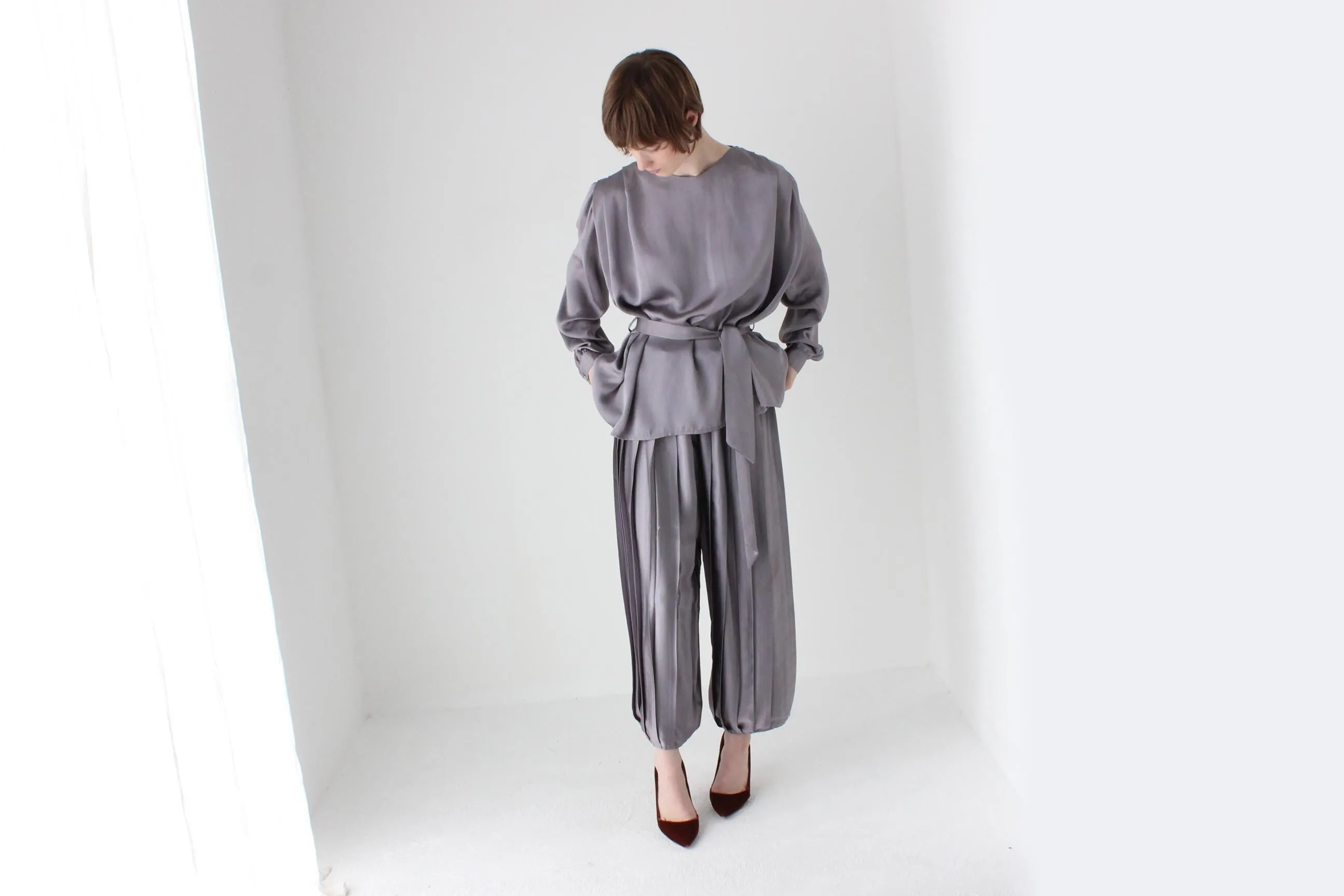Singular 80s Silver Satin TWO PIECE Balloon / Bubble Pants & Top Set