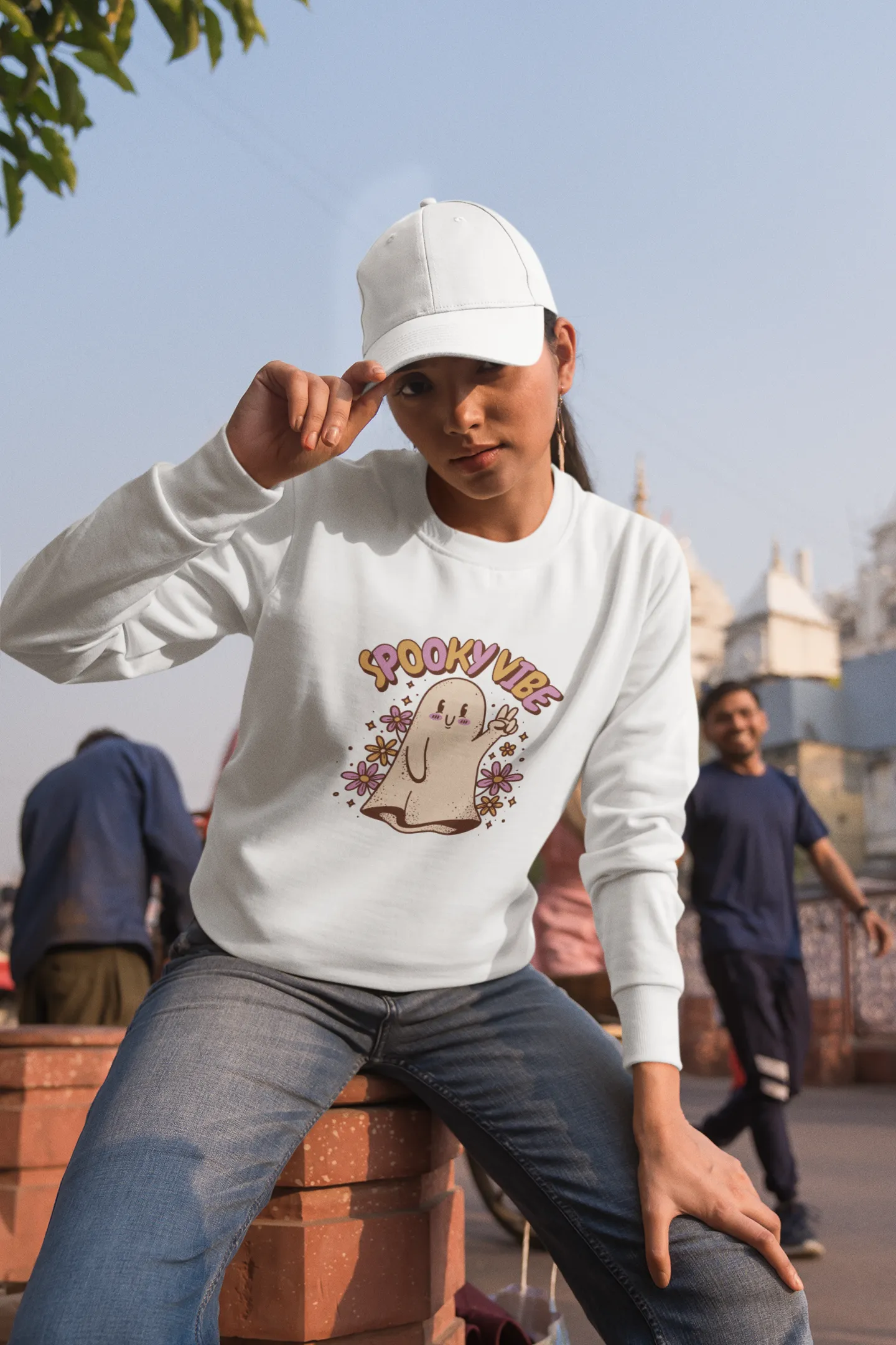 Spooky Vibe Cute Ghost Printed Sweatshirt for women