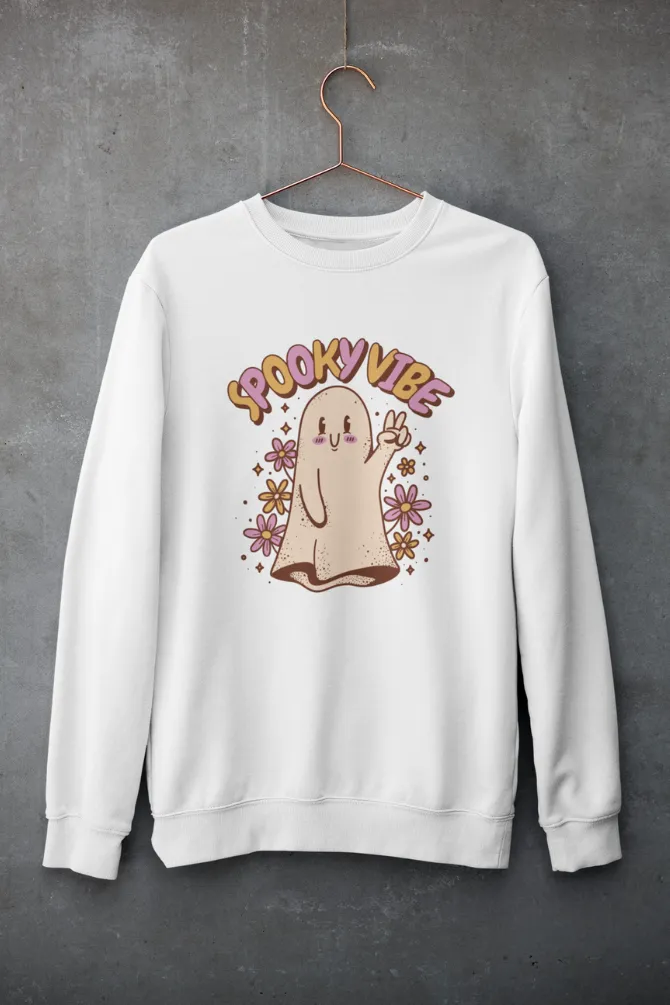 Spooky Vibe Cute Ghost Printed Sweatshirt for women