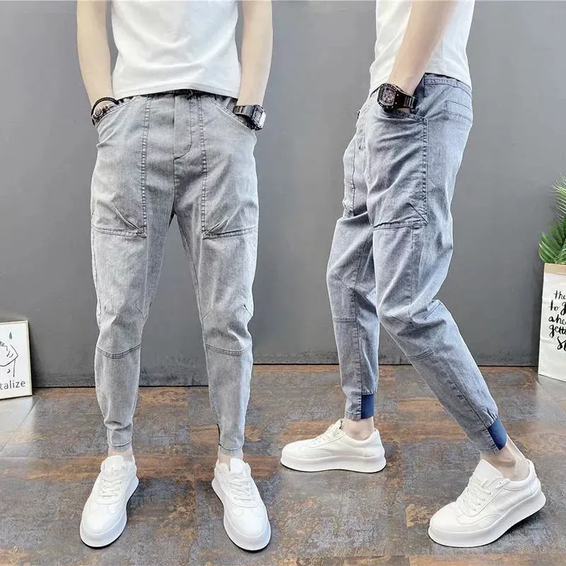Summer men's thin foot casual jeans pants solid color elastic bouques spirit small guy foot trend men's pants