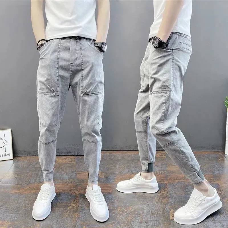 Summer men's thin foot casual jeans pants solid color elastic bouques spirit small guy foot trend men's pants