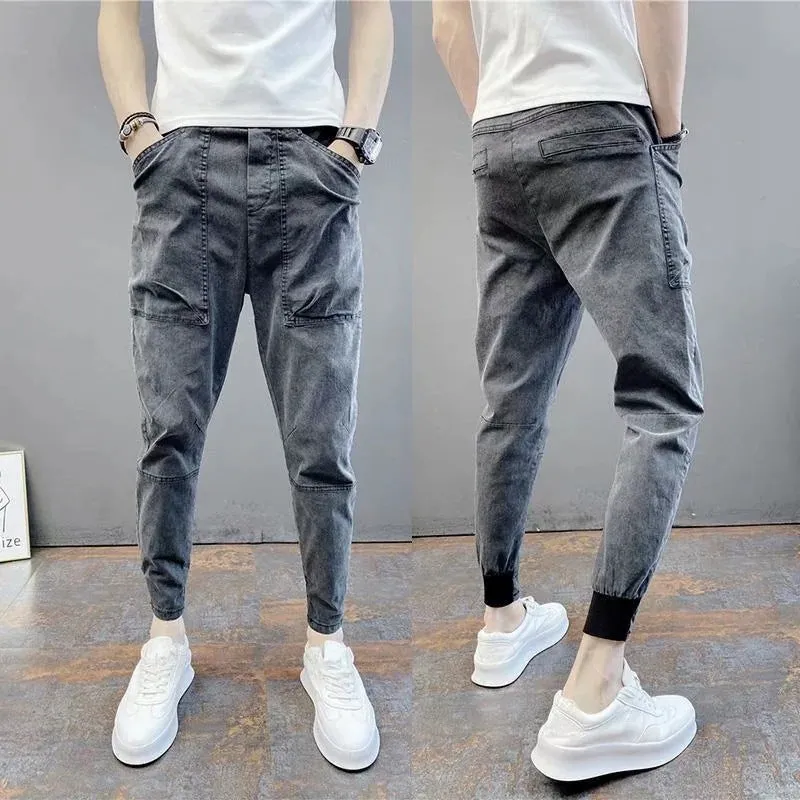 Summer men's thin foot casual jeans pants solid color elastic bouques spirit small guy foot trend men's pants
