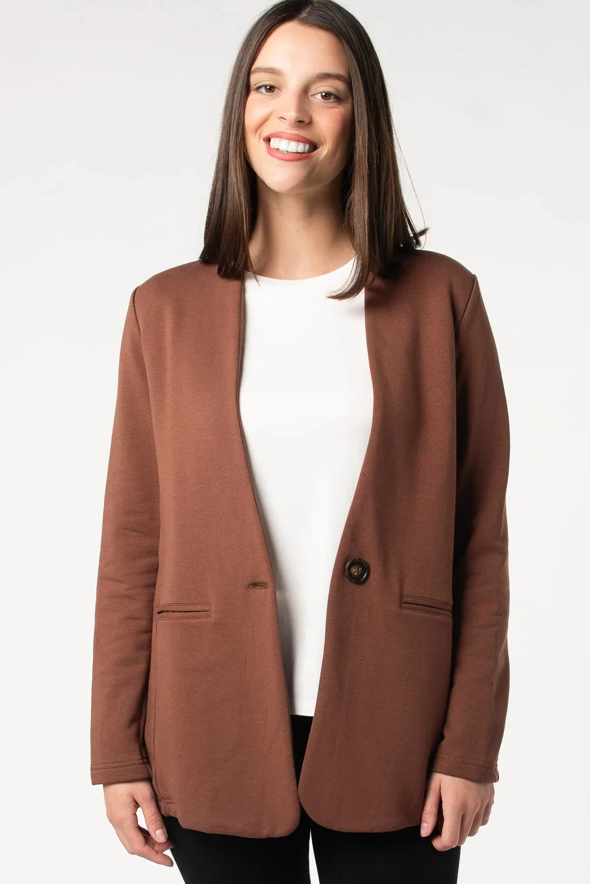 Terrera/LNBF Sale, 912900 Ophella Collarless Open Front Blazer, Cocoa 50% Off Regular Price