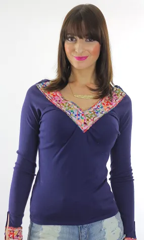 Vintage 70s Boho Hippie Embroidered Navy top shirt