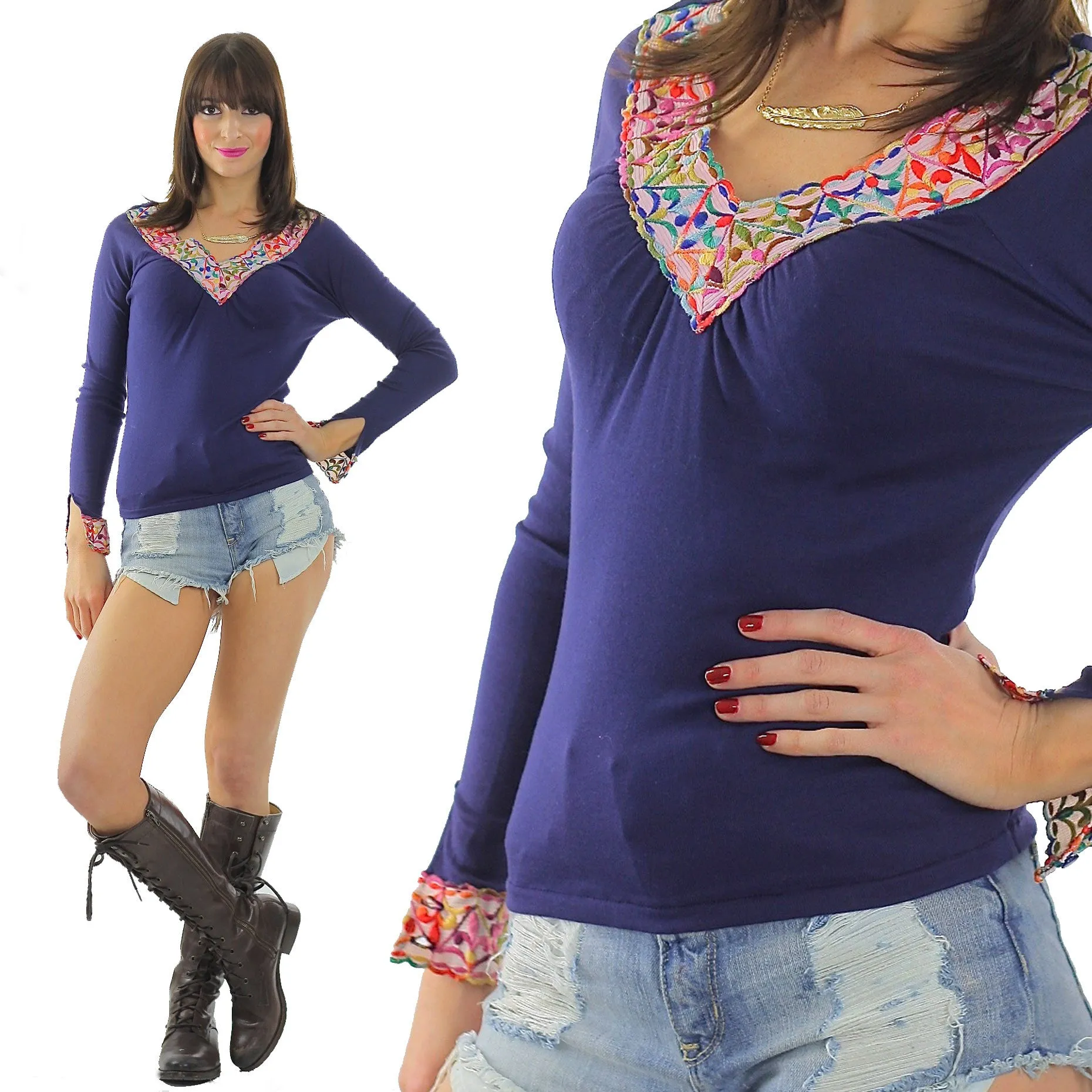 Vintage 70s Boho Hippie Embroidered Navy top shirt