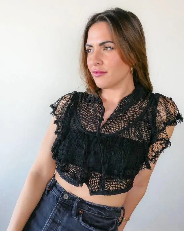 Vintage Fitted Crochet Crop Top with Ruffles