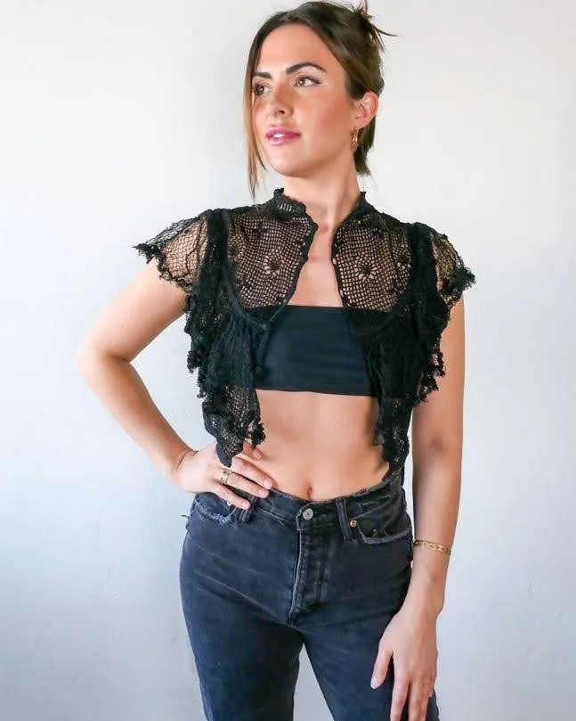 Vintage Fitted Crochet Crop Top with Ruffles