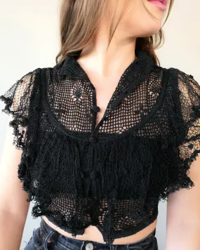 Vintage Fitted Crochet Crop Top with Ruffles