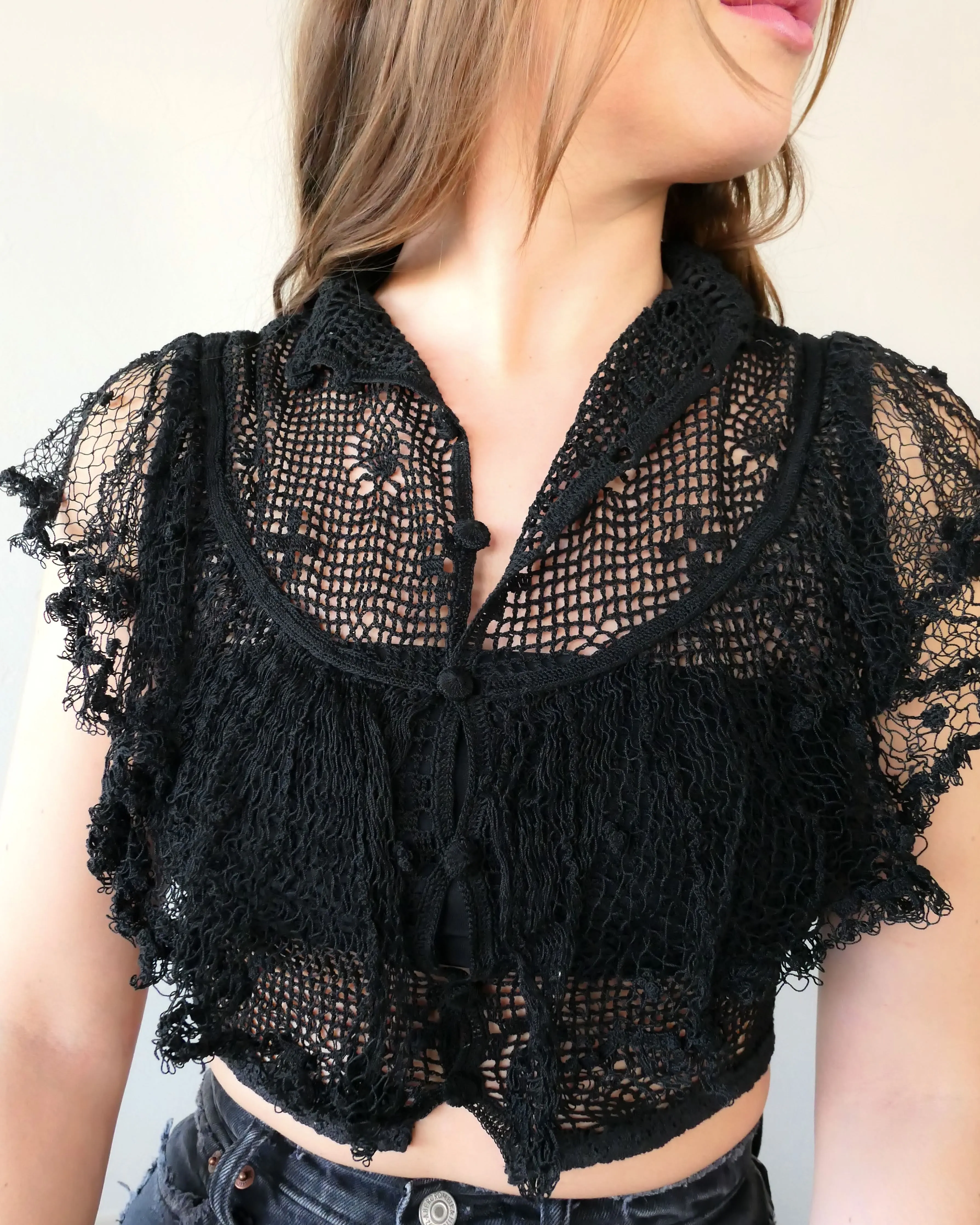 Vintage Fitted Crochet Crop Top with Ruffles