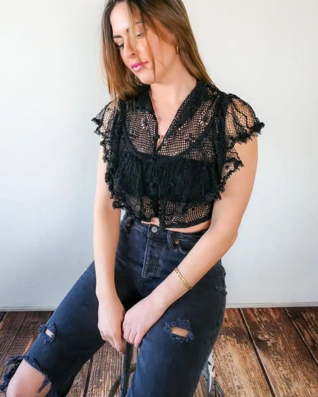 Vintage Fitted Crochet Crop Top with Ruffles