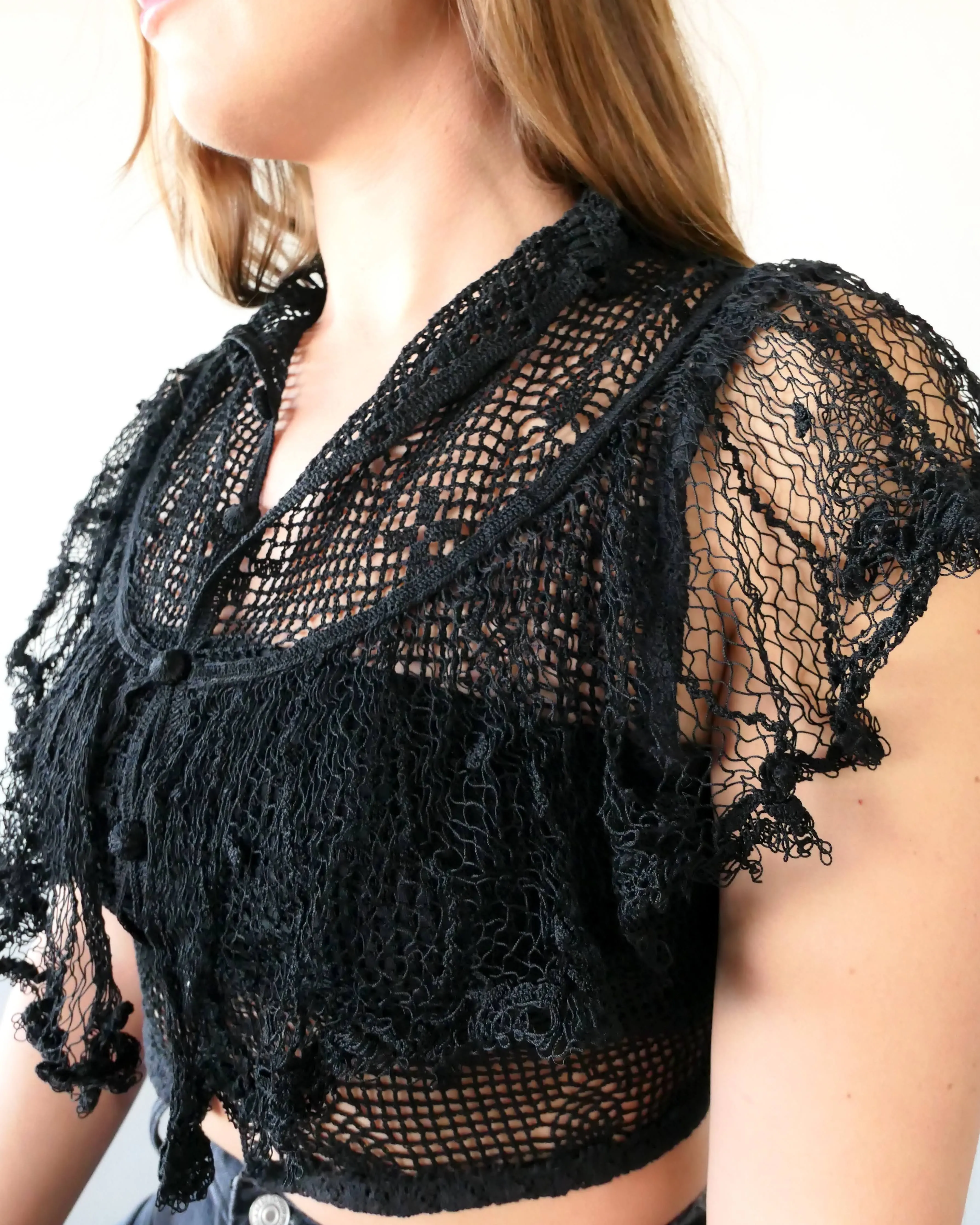 Vintage Fitted Crochet Crop Top with Ruffles