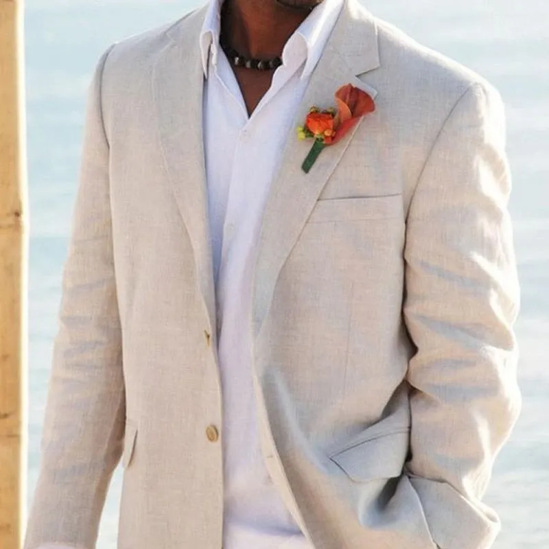Voguable Beige Linen Men's Suits for Summer Beach Wedding 2 Piece Italian Coat Set Jacket with Pants Bespoke Groom Tuxedos Male Fashion