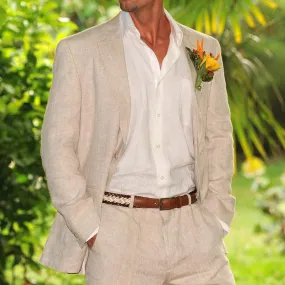 Voguable Beige Linen Men's Suits for Summer Beach Wedding 2 Piece Italian Coat Set Jacket with Pants Bespoke Groom Tuxedos Male Fashion