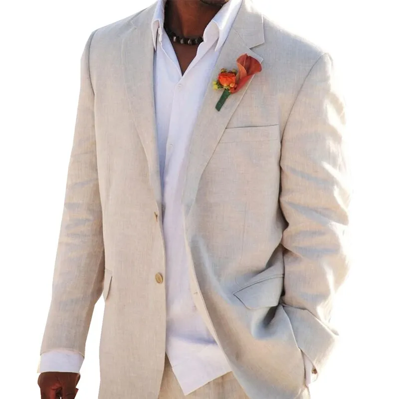 Voguable Beige Linen Men's Suits for Summer Beach Wedding 2 Piece Italian Coat Set Jacket with Pants Bespoke Groom Tuxedos Male Fashion