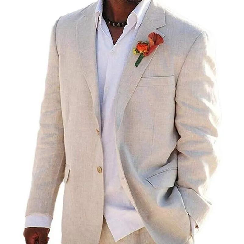 Voguable Beige Linen Men's Suits for Summer Beach Wedding 2 Piece Italian Coat Set Jacket with Pants Bespoke Groom Tuxedos Male Fashion