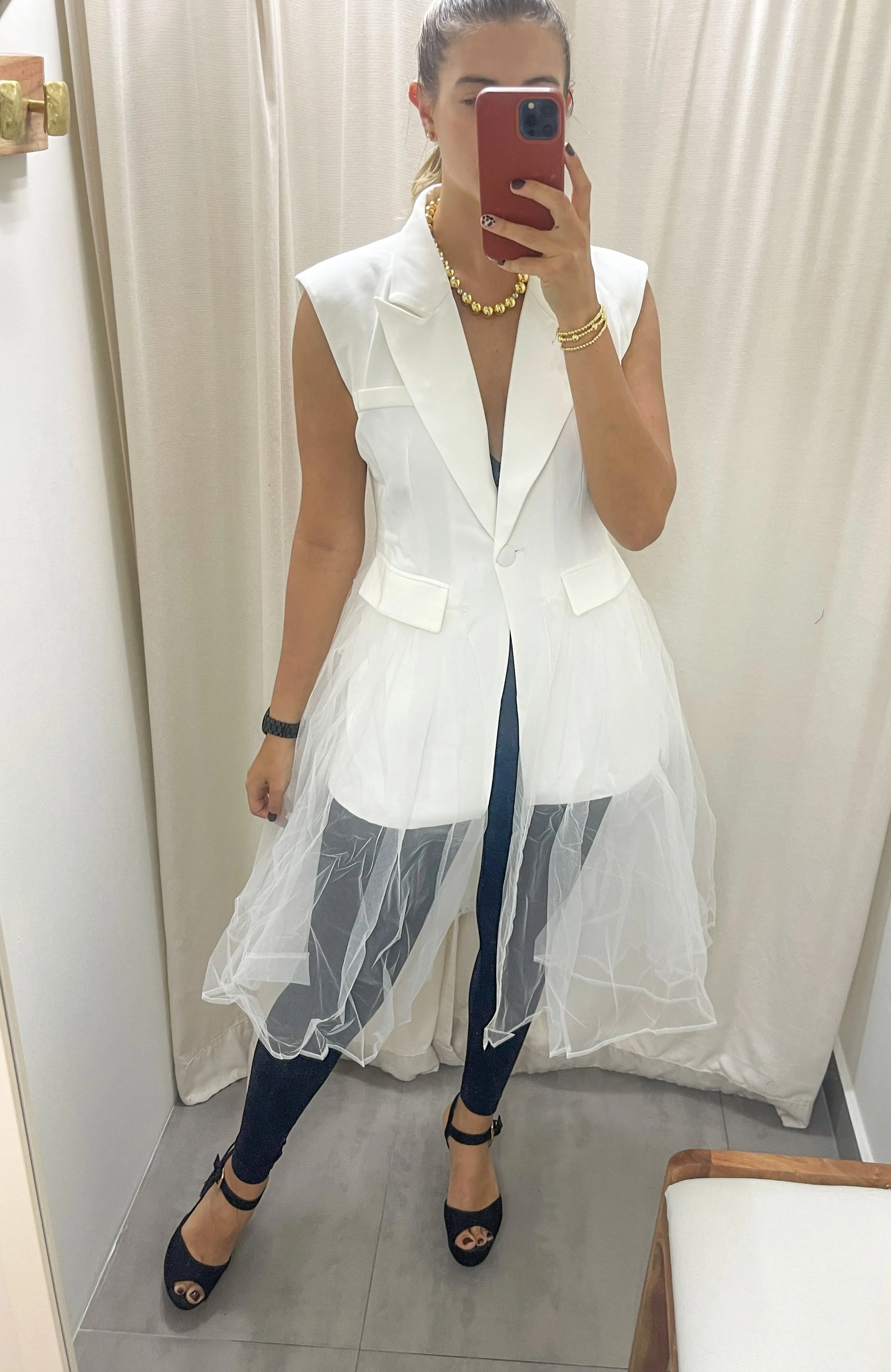 WHITE ELEGANT TULLE DETAIL VEST