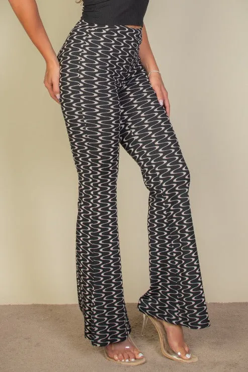 Wide Leg Wavy Print Stretch Flare Pants