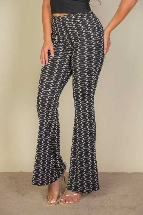 Wide Leg Wavy Print Stretch Flare Pants