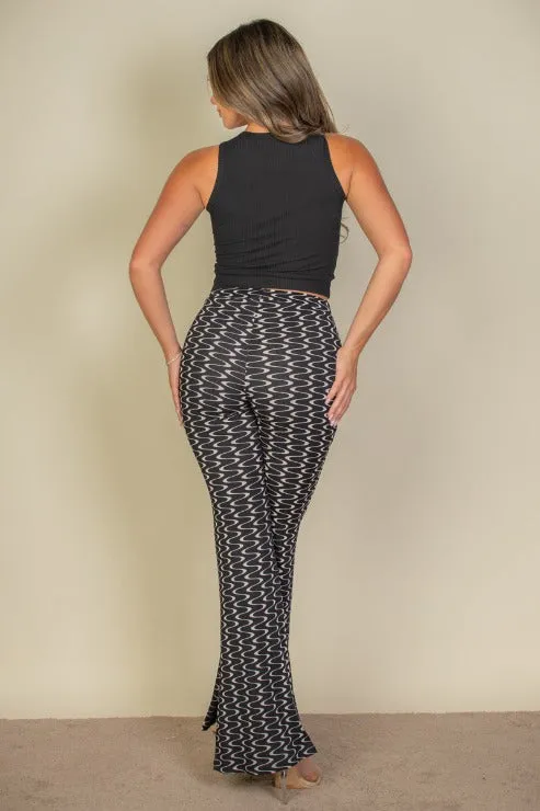 Wide Leg Wavy Print Stretch Flare Pants