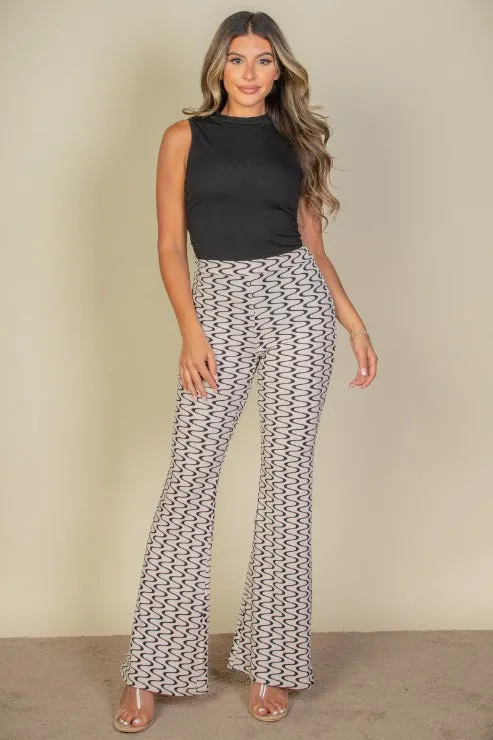 Wide Leg Wavy Print Stretch Flare Pants