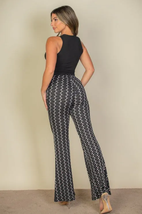 Wide Leg Wavy Print Stretch Flare Pants