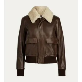 Women Aviator Sheepskin Faux Shearling Motorbike Leather Bomber Jacket
