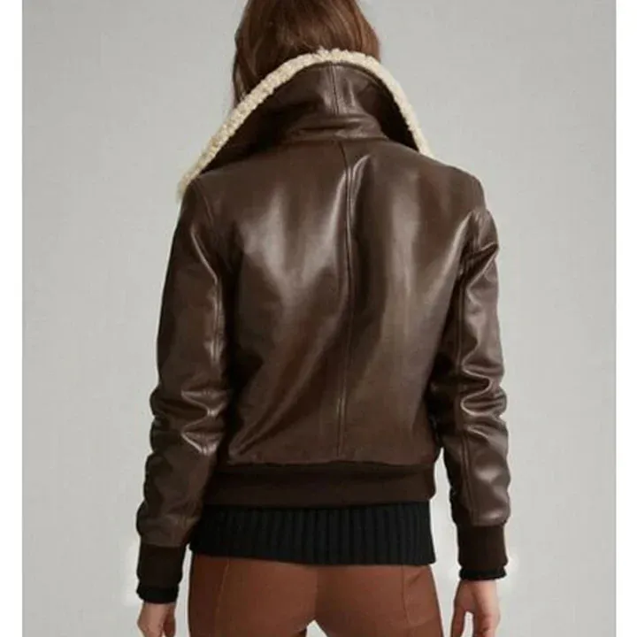 Women Aviator Sheepskin Faux Shearling Motorbike Leather Bomber Jacket