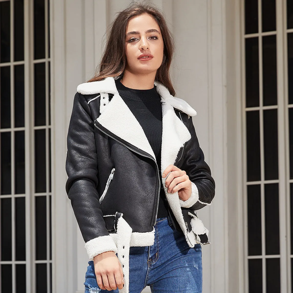 Women Faux Fur Shearling Leather Jacket