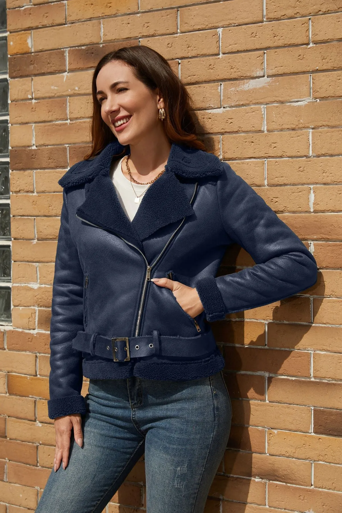 Women Faux Fur Shearling Leather Jacket