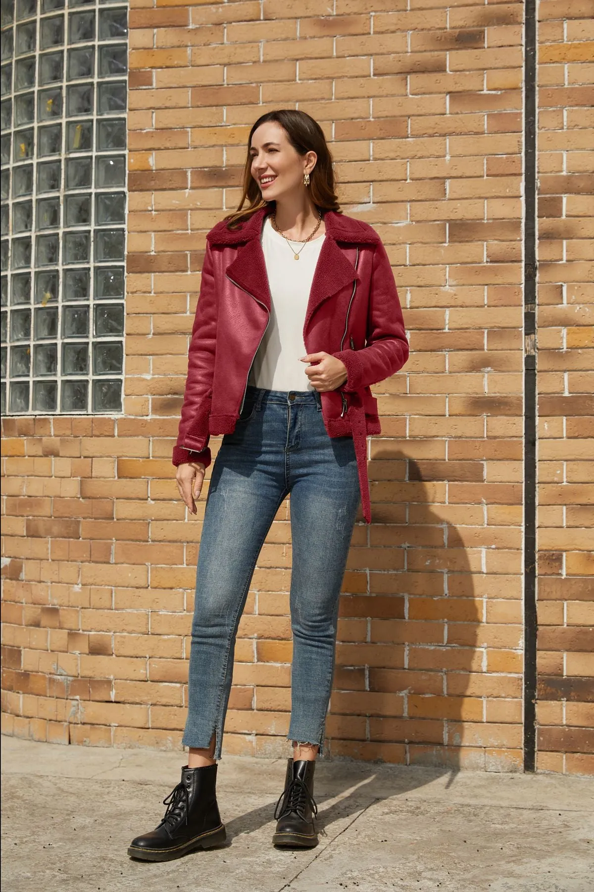 Women Faux Fur Shearling Leather Jacket
