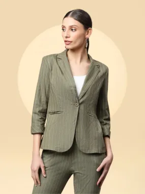 Women Olive Green & White Vertical Lines Formal Blazer