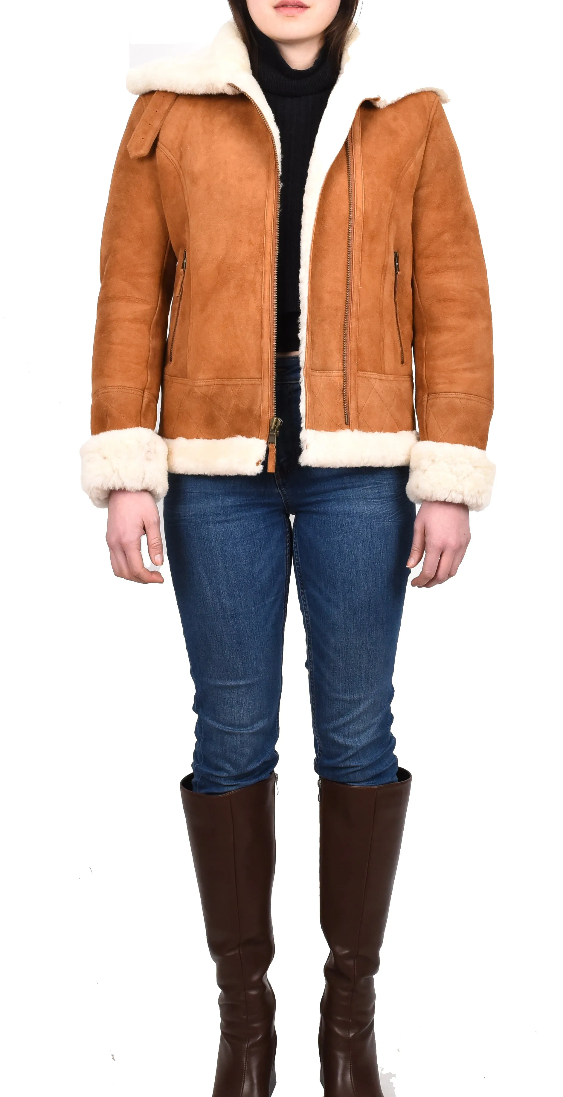 Women's Genuine Sheepskin Merino Aviator Jacket Tan Laerke