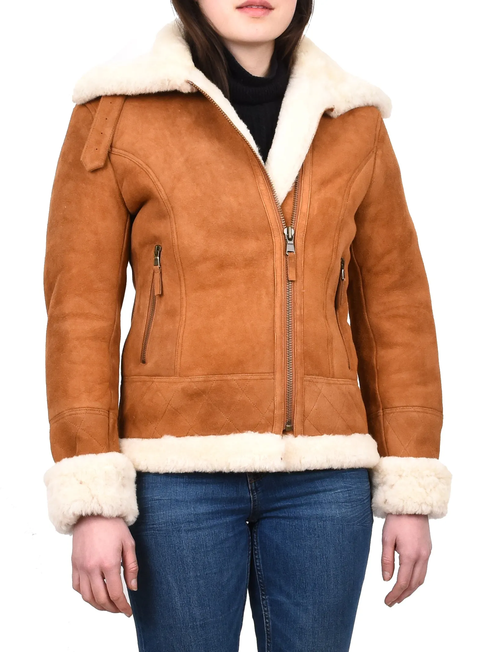 Women's Genuine Sheepskin Merino Aviator Jacket Tan Laerke
