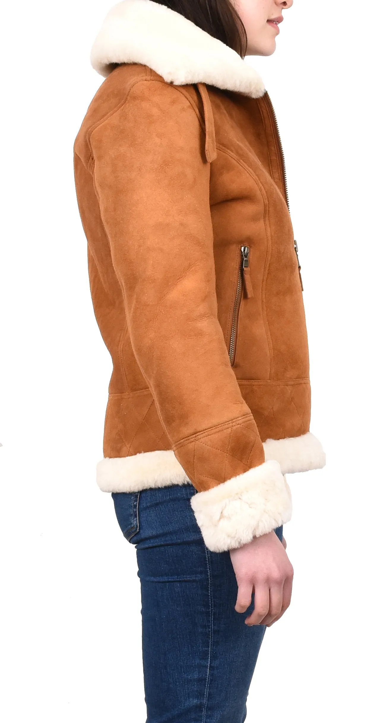 Women's Genuine Sheepskin Merino Aviator Jacket Tan Laerke