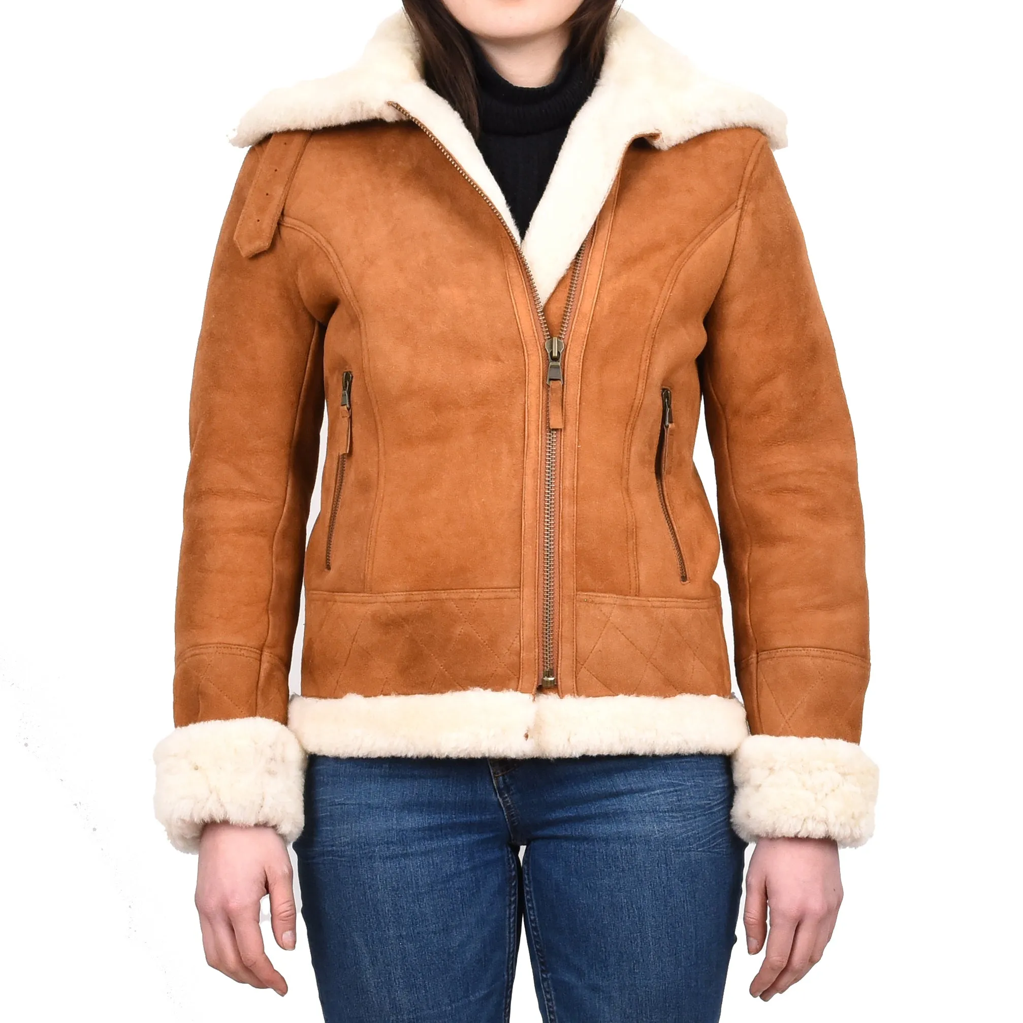 Women's Genuine Sheepskin Merino Aviator Jacket Tan Laerke