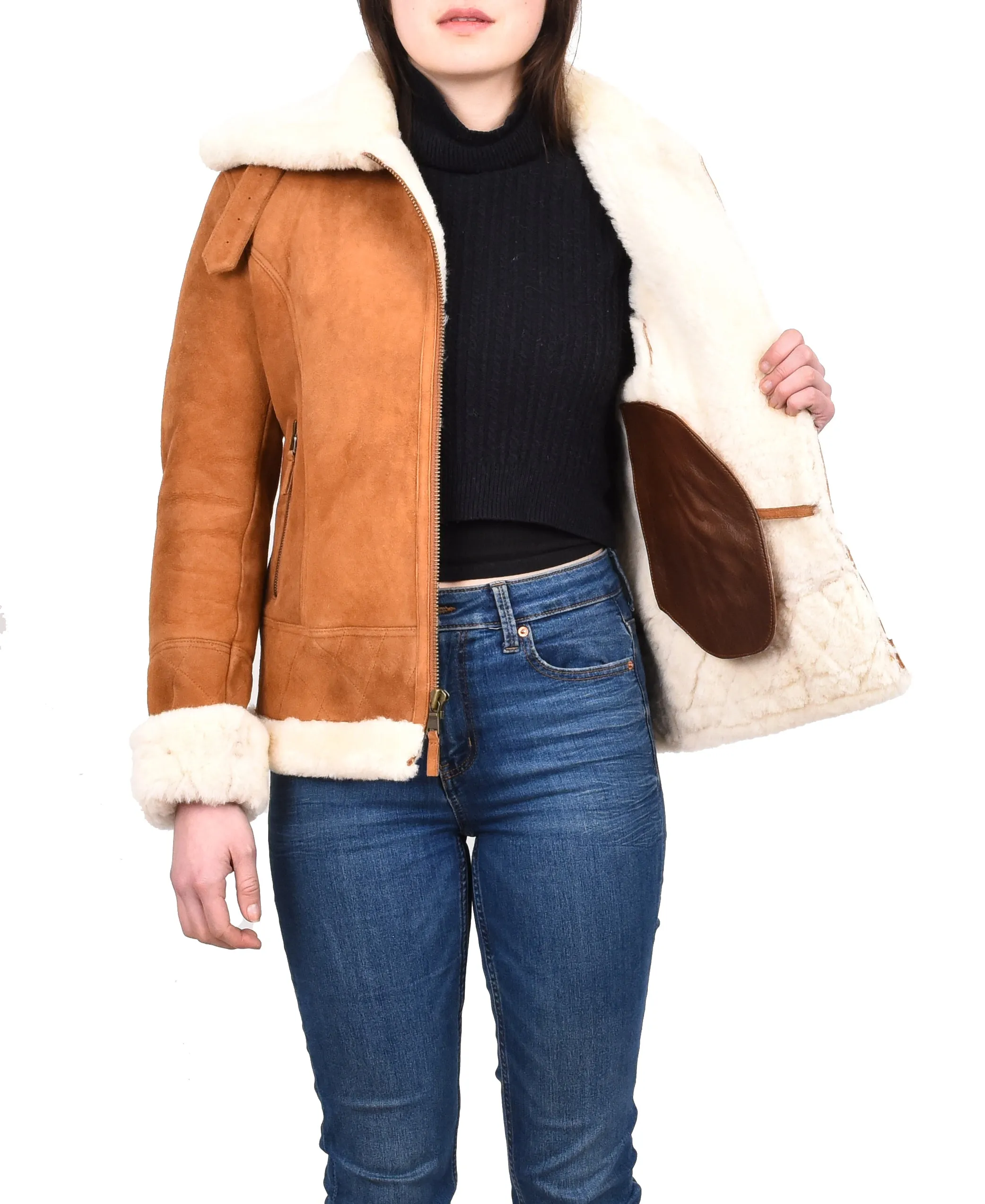 Women's Genuine Sheepskin Merino Aviator Jacket Tan Laerke