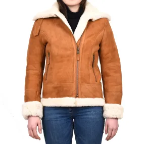 Women's Genuine Sheepskin Merino Aviator Jacket Tan Laerke
