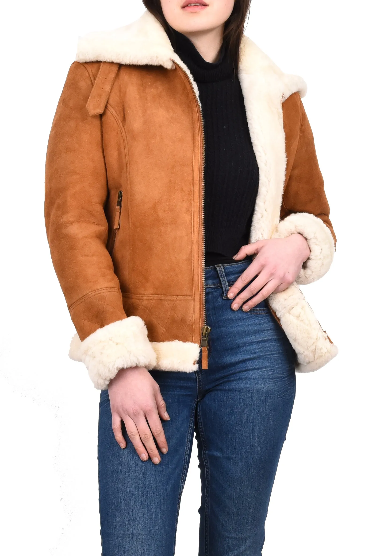 Women's Genuine Sheepskin Merino Aviator Jacket Tan Laerke
