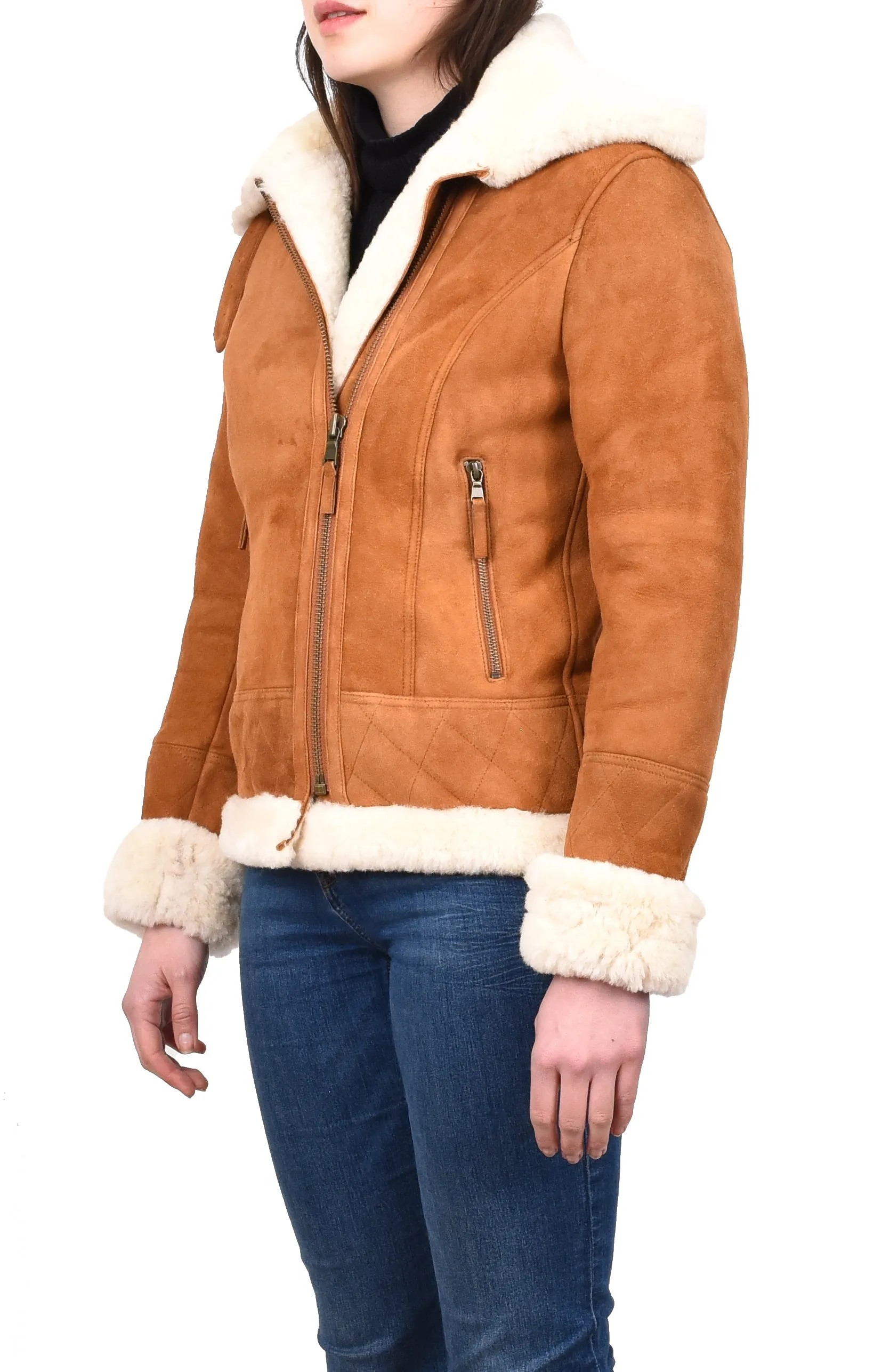 Women's Genuine Sheepskin Merino Aviator Jacket Tan Laerke