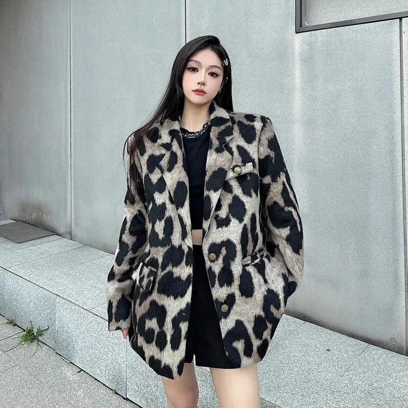 Women's Leopard Print Blazer Loose Casual Vintage Suit Jacket